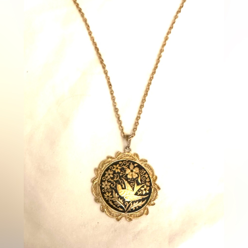 DAMASCENE🌹Necklace Goltone FLOWERS/ BIRD/LOVE Romantic Stunning VTG